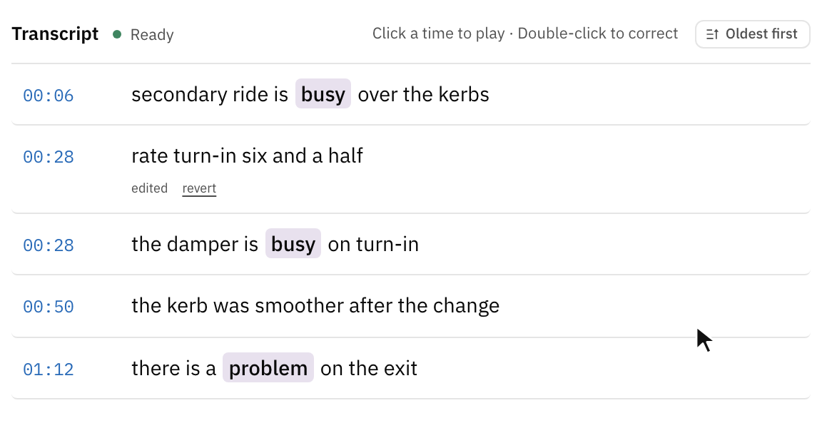 A misheard line. Double-clicking it, typing the correction, and the line marked edited with a revert link.