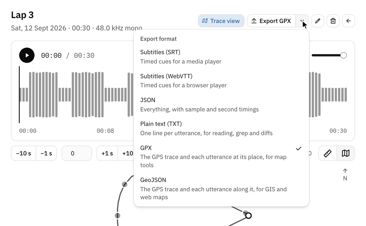 Opening the format menu beside Export: Subtitles (SRT), Subtitles (WebVTT), JSON, Plain text (TXT), GPX and GeoJSON. GPX is picked, the button reads Export GPX, and the menu opened again shows GPX checked.
