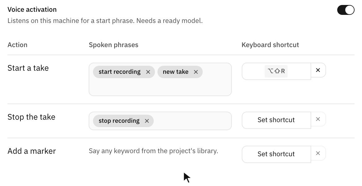 Turning on voice activation, adding the spoken phrase new take, and setting a keyboard shortcut to start a take.
