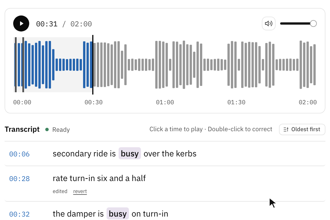 The time of a misheard line is clicked: the line is highlighted while it plays, and the playhead crosses its stretch of the waveform. Then the line is double-clicked, corrected, and marked edited with a revert link.