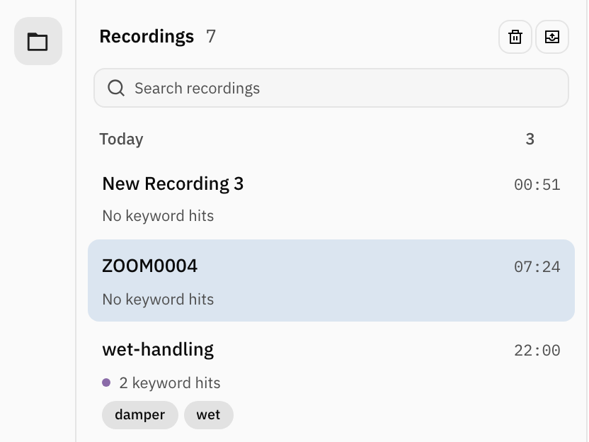 Two files, a voice memo and a recorder's WAV, are dropped on the recordings list. The memo imports with its percentage climbing, then the WAV, and both appear as takes named after their files.