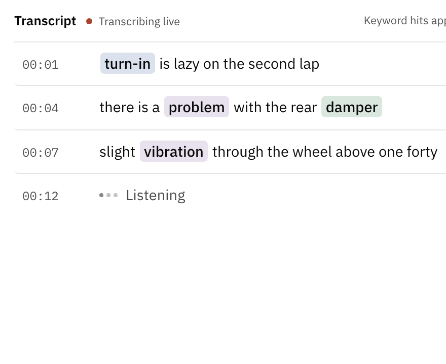 The keyword Issue is added in the inspector with the phrases problem and vibration. Then, in the transcript of a new take, turn-in, problem, vibration and damper light up in their keywords' colours as the words arrive.