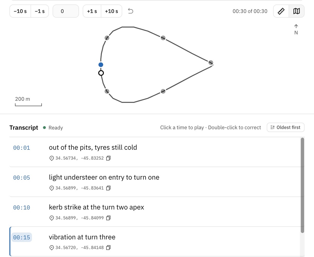 A take in review with its map open. Each line played moves the point along the lap to where it was said, and every transcript line shows its latitude and longitude.