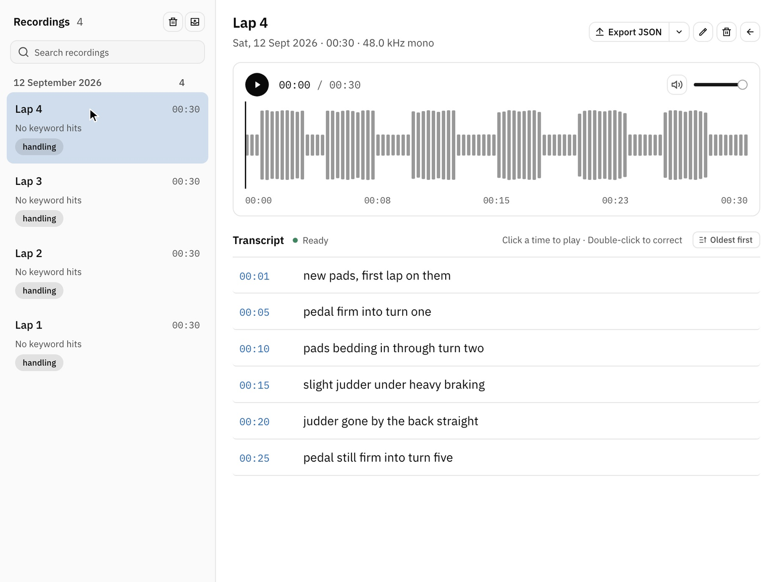 An alert names one interrupted take, audio intact, and the list marks it. Recover is clicked and the mark goes. Opened from the list, the take holds three lines of its transcript, and the other three arrive as they are transcribed from its audio.
