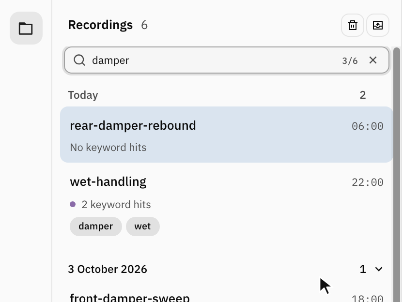 The newest take, named only by its start time, is renamed rear-damper-rebound from its row. Typing damper in the search box narrows the list to three takes, named or tagged damper.